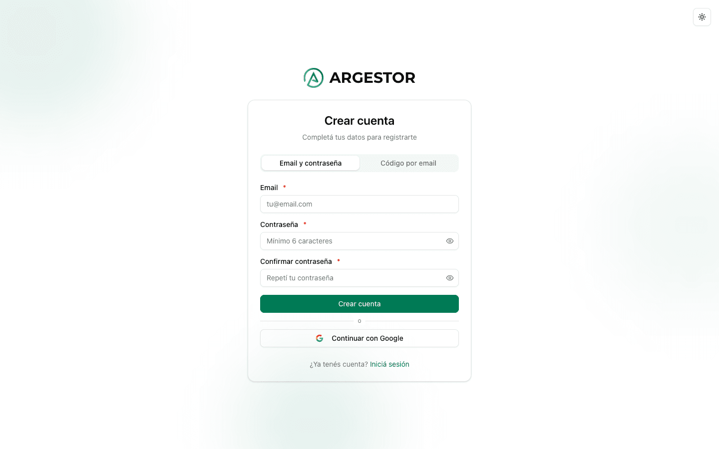 Pantalla de registro de Argestor