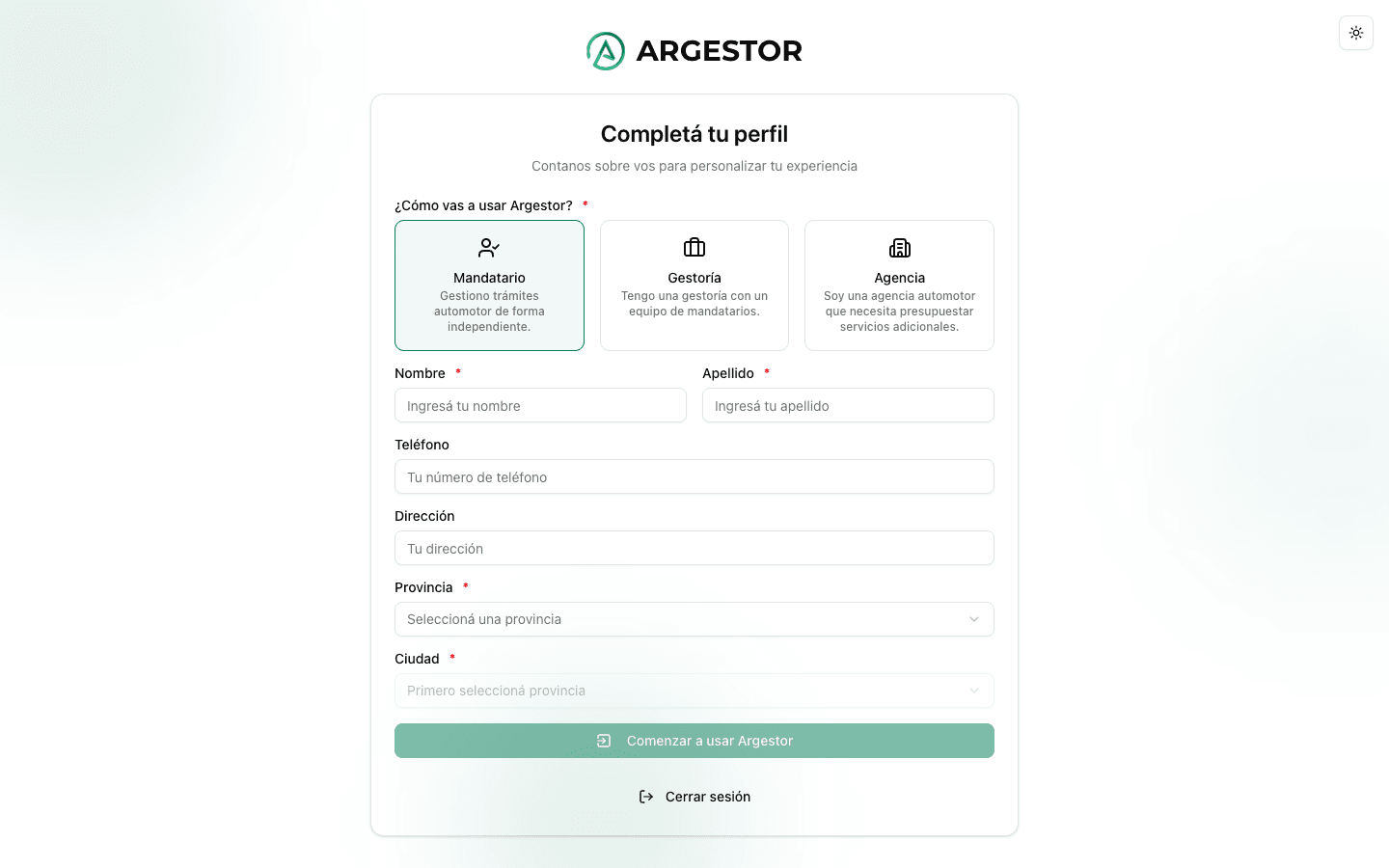 Pantalla de onboarding con selección de rol