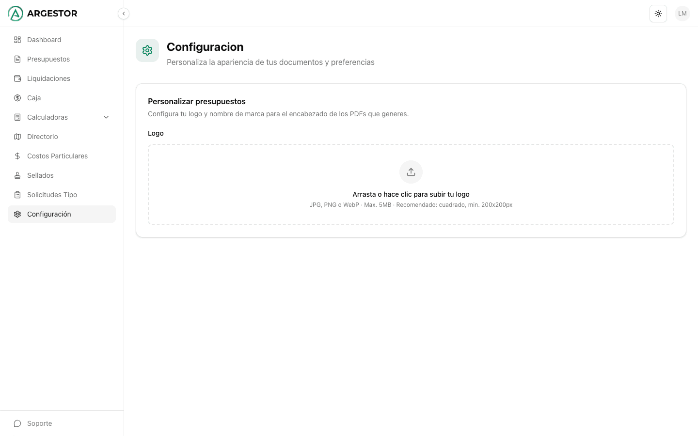 Pantalla de configuración para subir tu logo