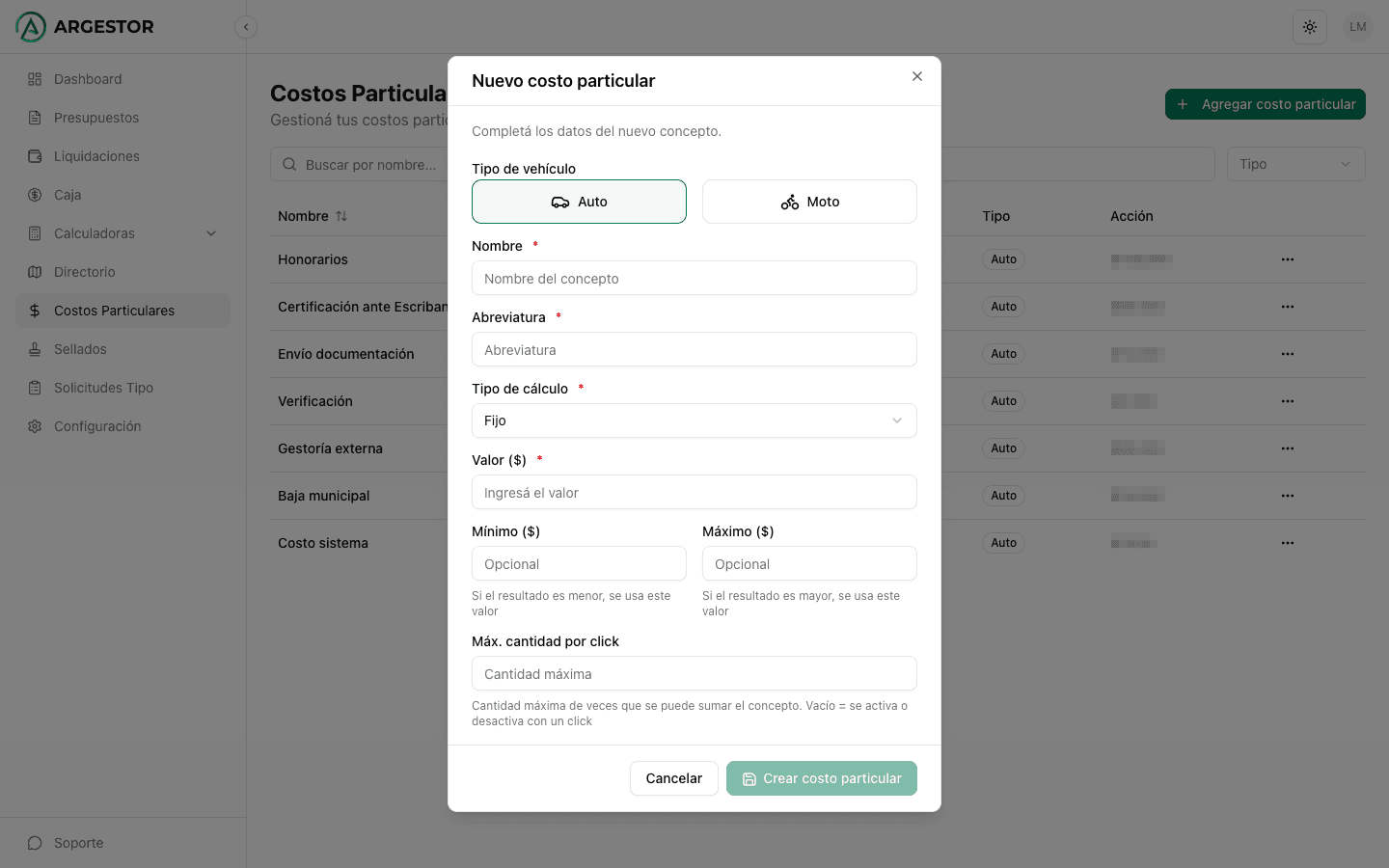 Formulario para crear un costo particular