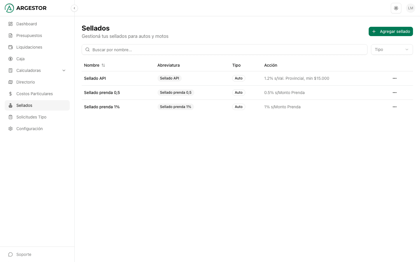 Editor de sellados con los que ya tenés cargados