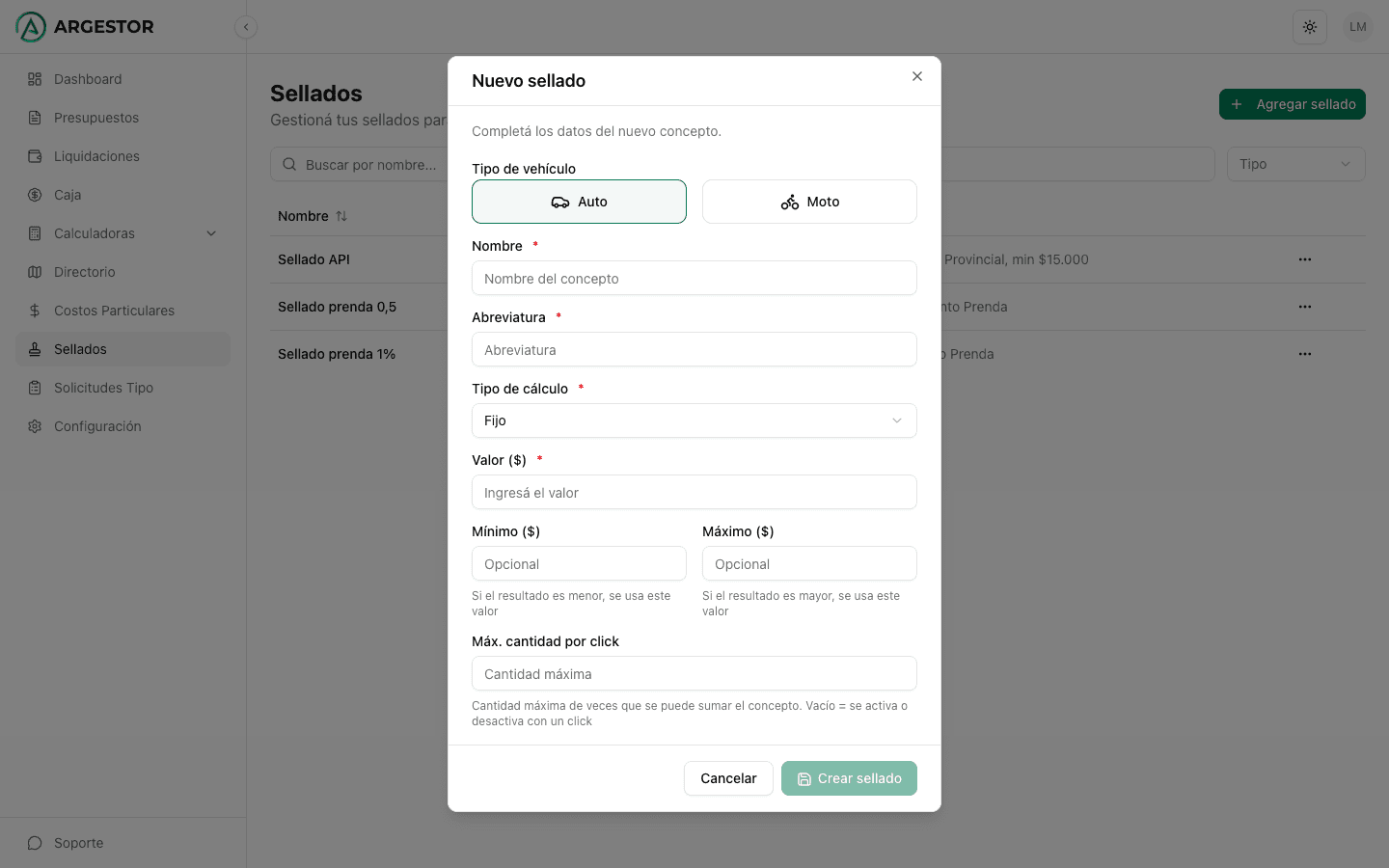 Formulario para crear un sellado nuevo