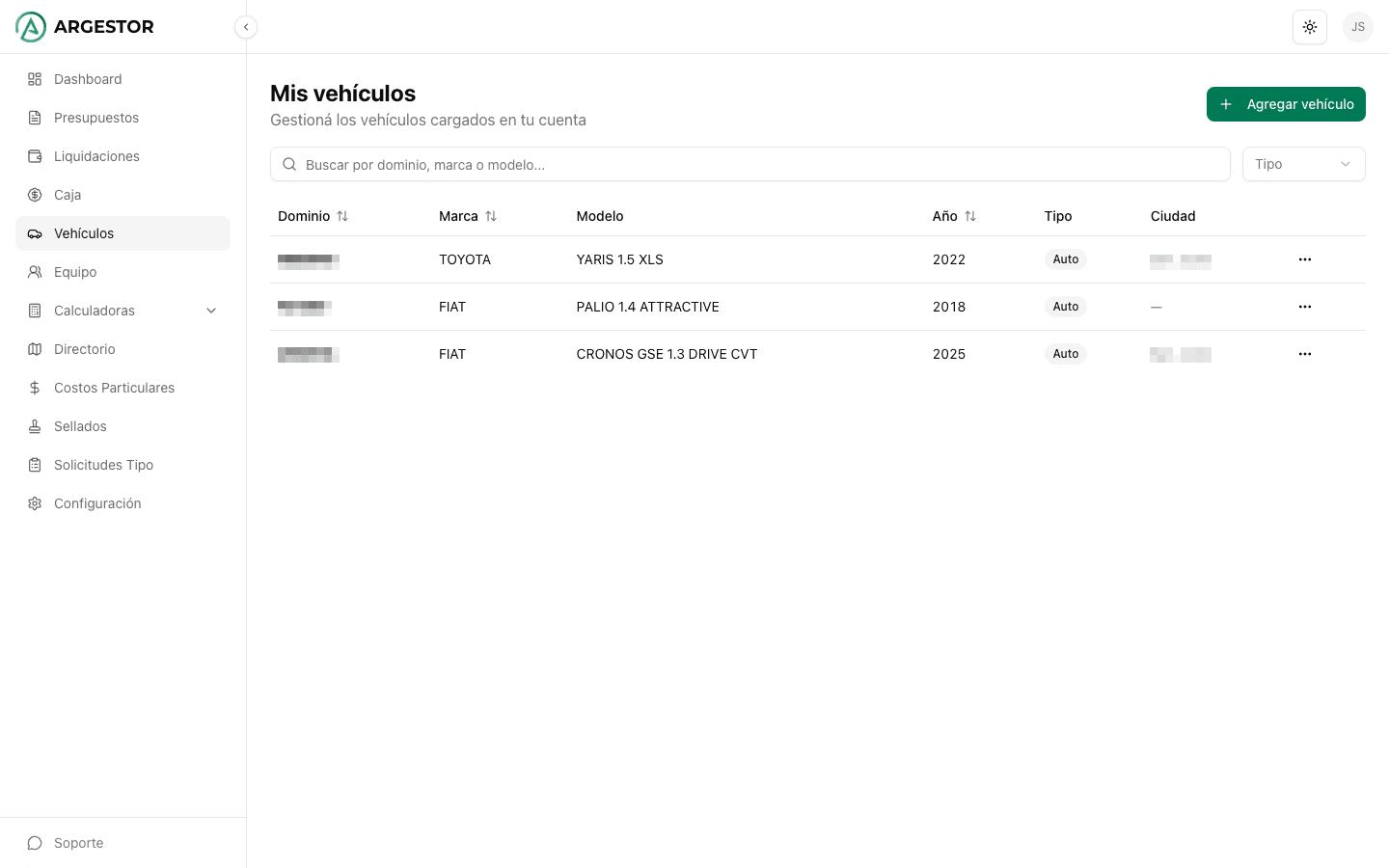 Listado de vehículos registrados