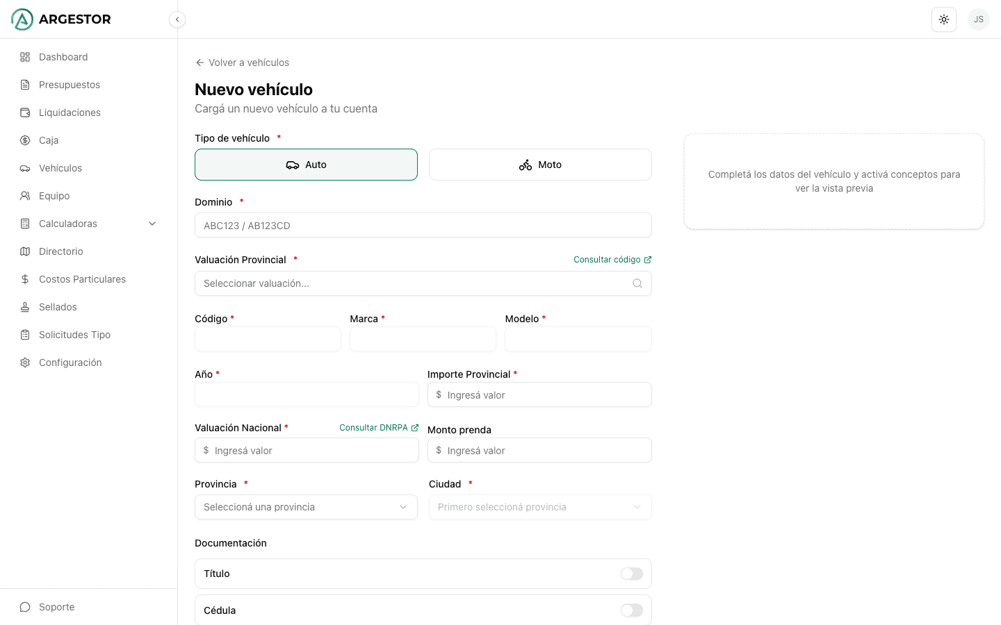 Formulario para registrar un vehículo nuevo