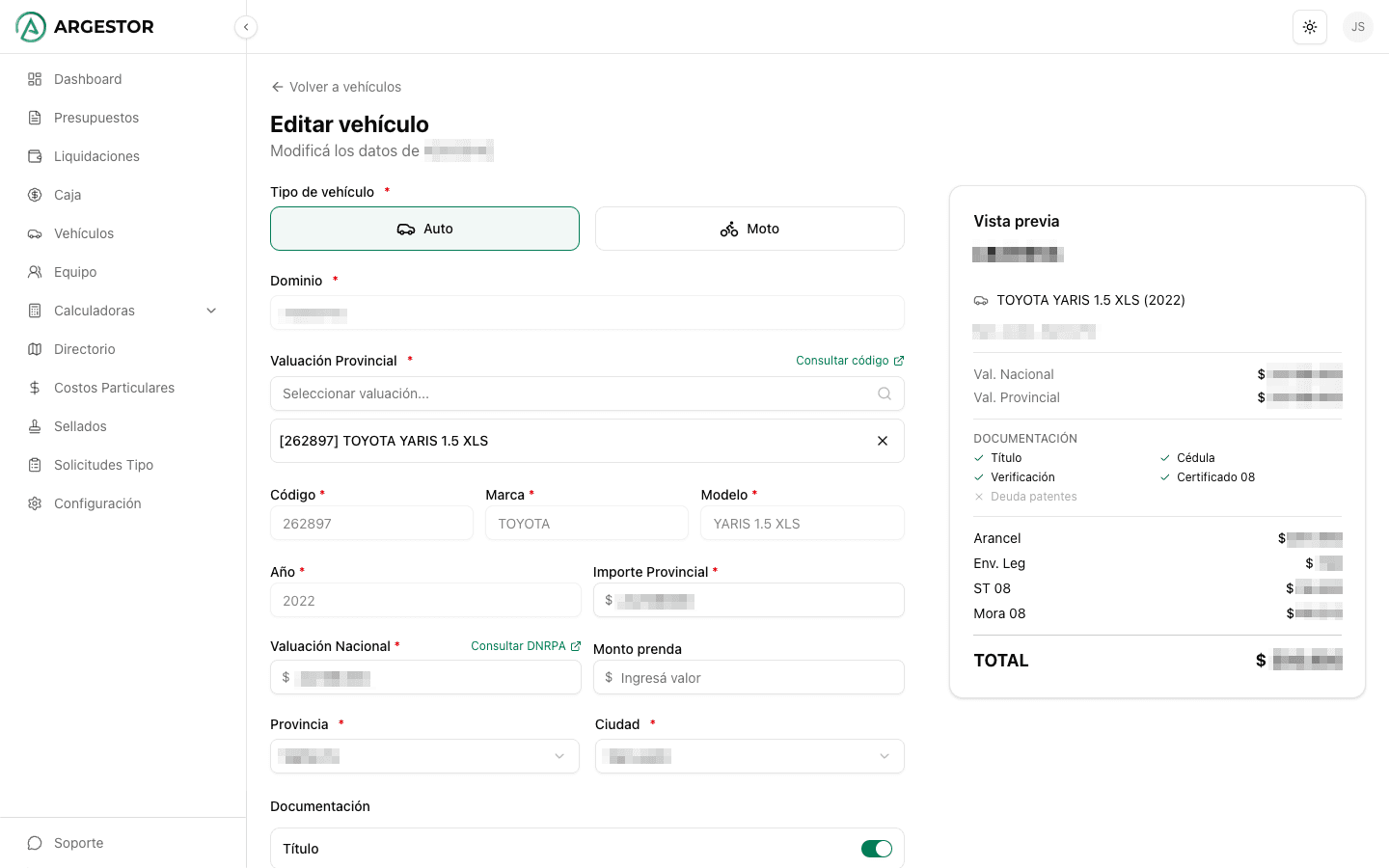 Ficha completa de un vehículo con datos y presupuesto rápido