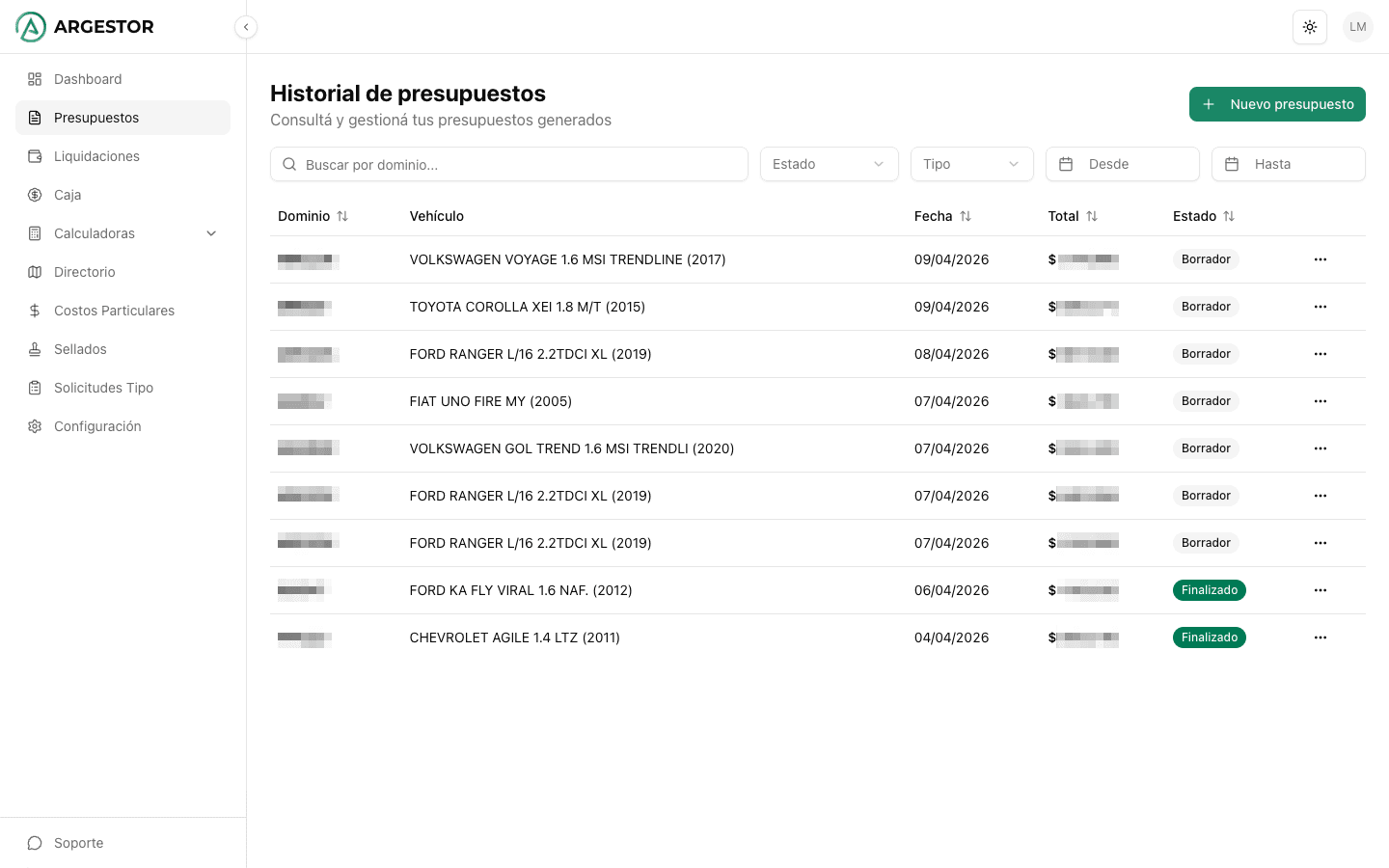 Presupuestos con estados