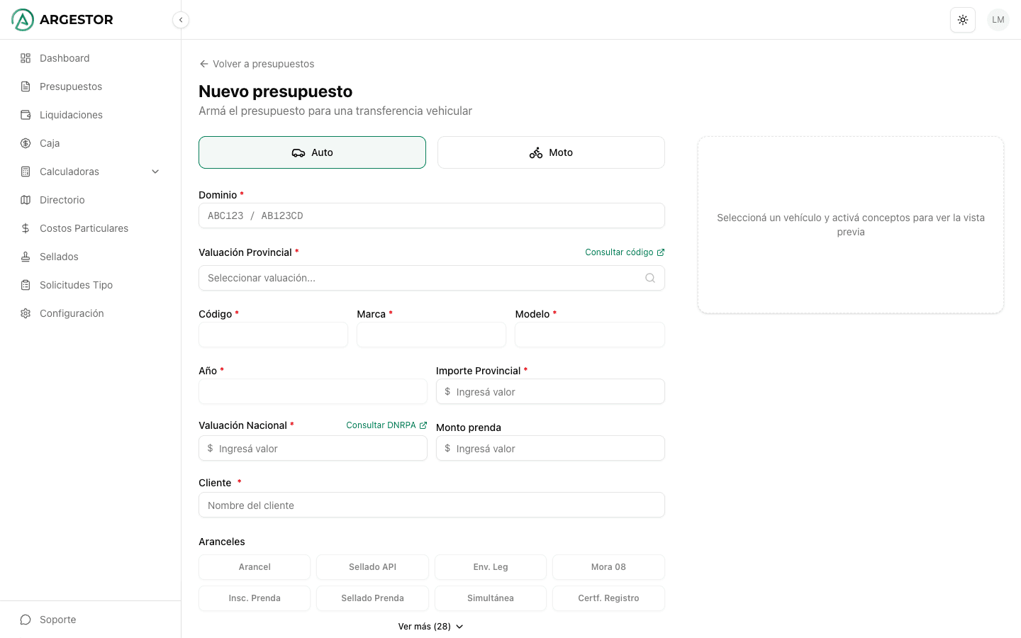 Pantalla para armar un presupuesto nuevo