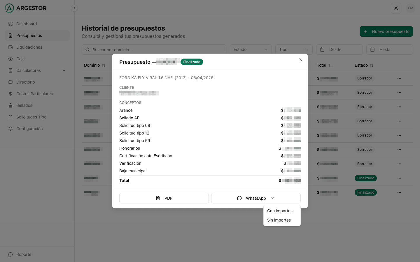 Opciones para compartir por WhatsApp con o sin importes