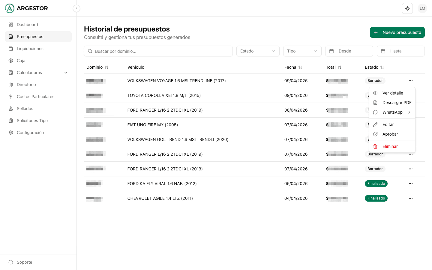 Menú de acciones sobre un presupuesto con la opción Aprobar