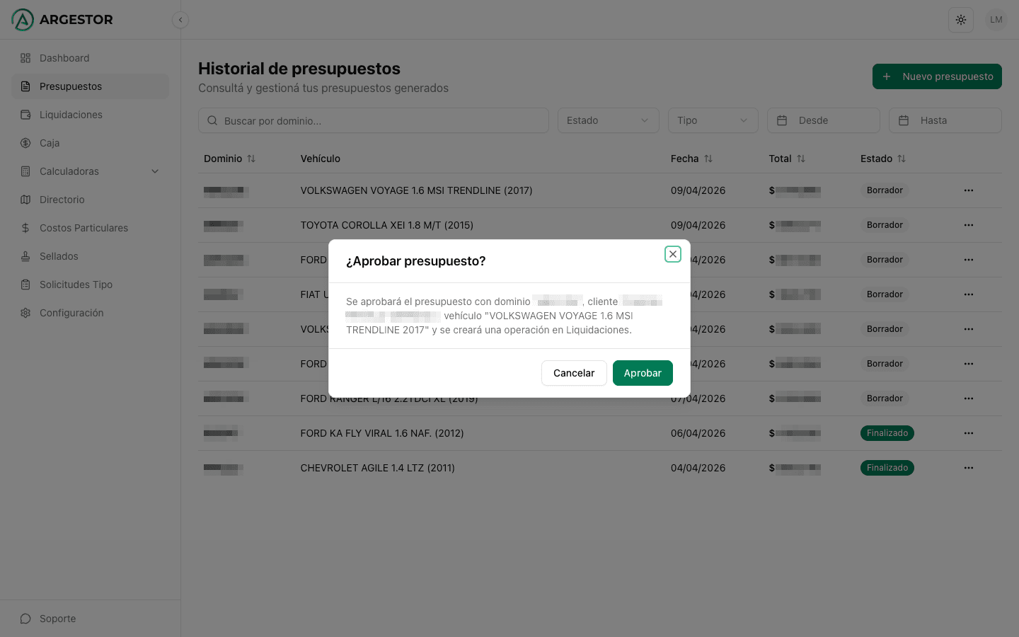 Confirmación antes de aprobar y crear la operación
