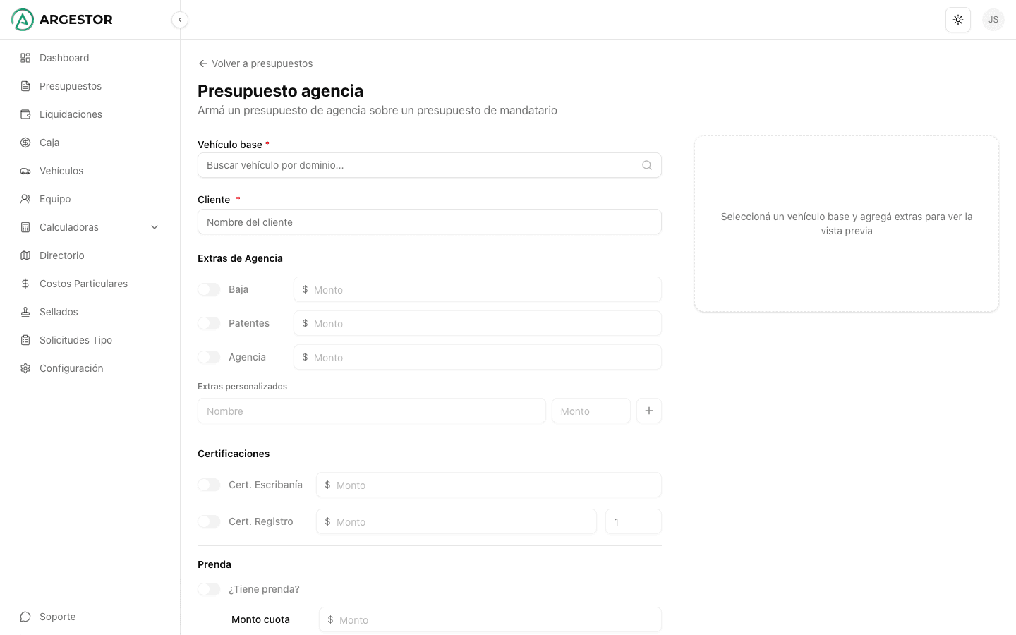 Presupuesto de agencia con extras, certificaciones y prenda
