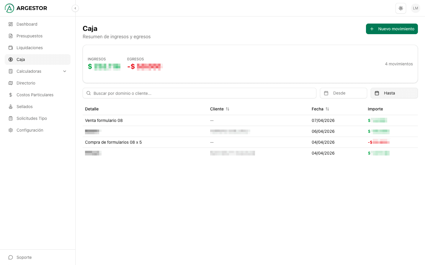 Vista de caja con ingresos y egresos del mes