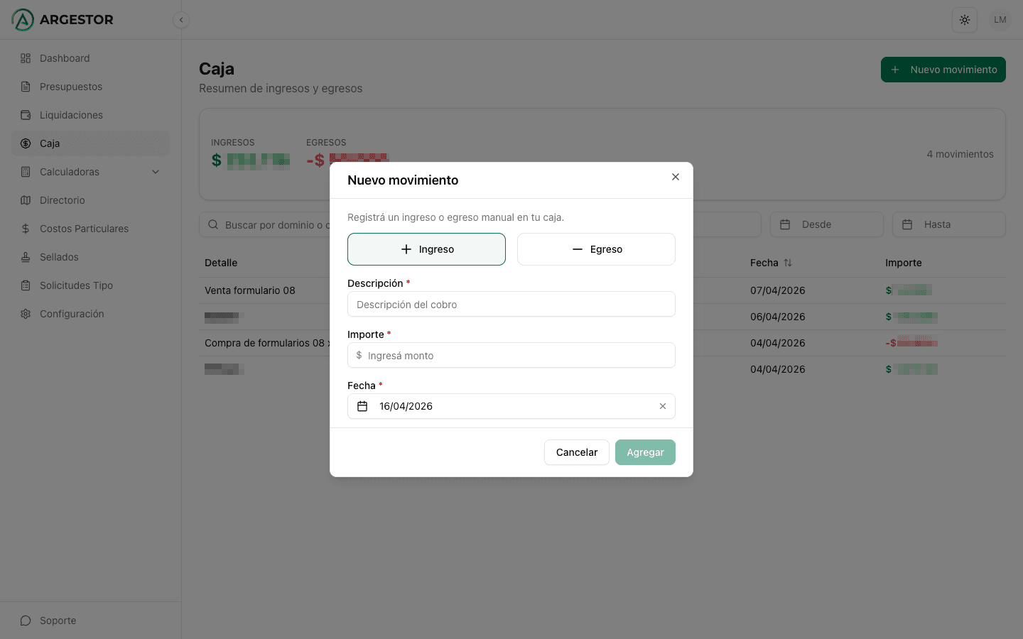 Modal para registrar un nuevo movimiento en la caja
