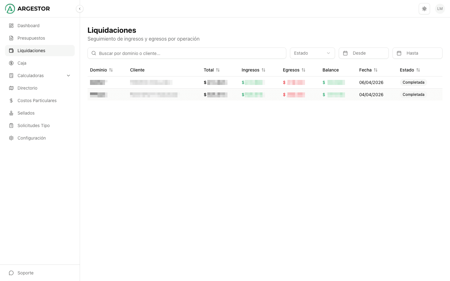 Listado de operaciones con su estado