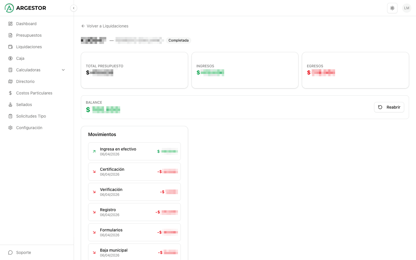 Detalle de liquidación con ingresos y egresos