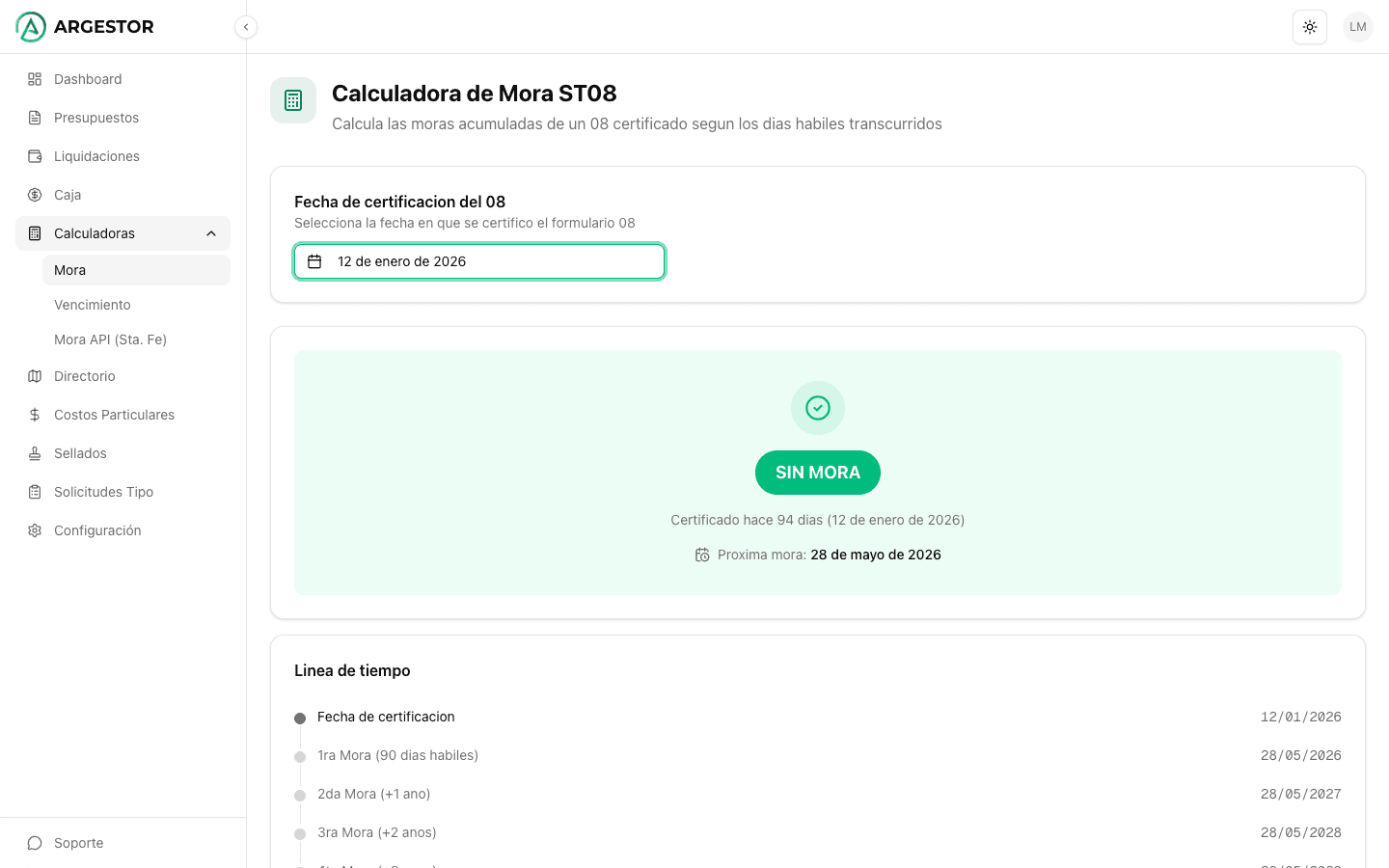 Calculadora de mora con resultado y línea de tiempo