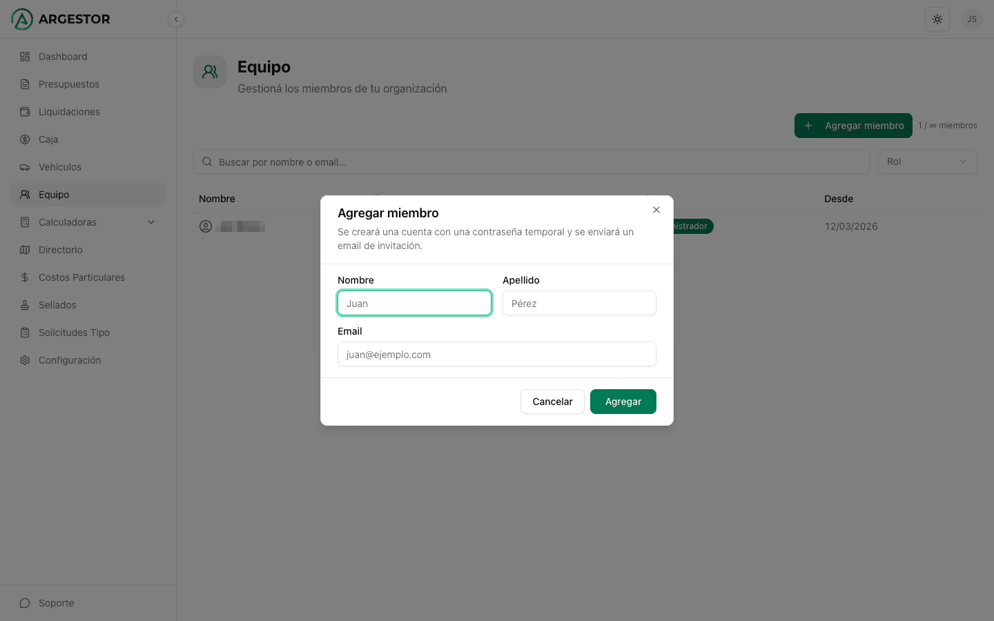 Formulario para invitar a un miembro