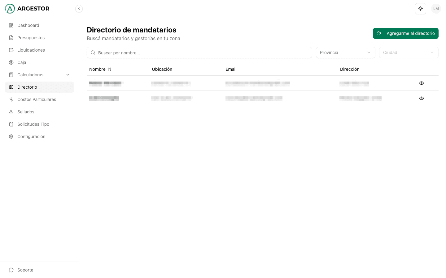 Directorio público con filtros por provincia