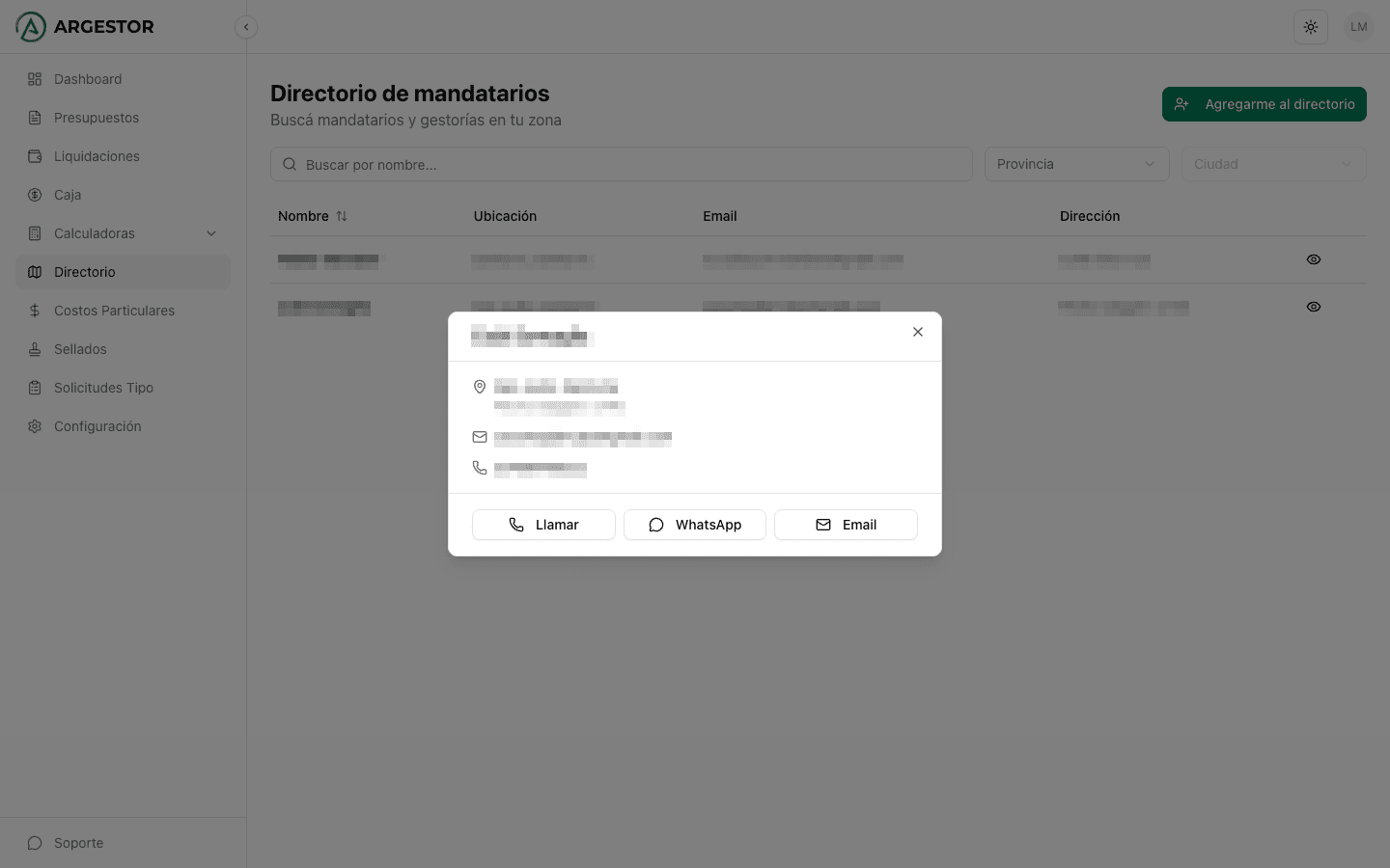 Ficha pública de un mandatario con datos de contacto