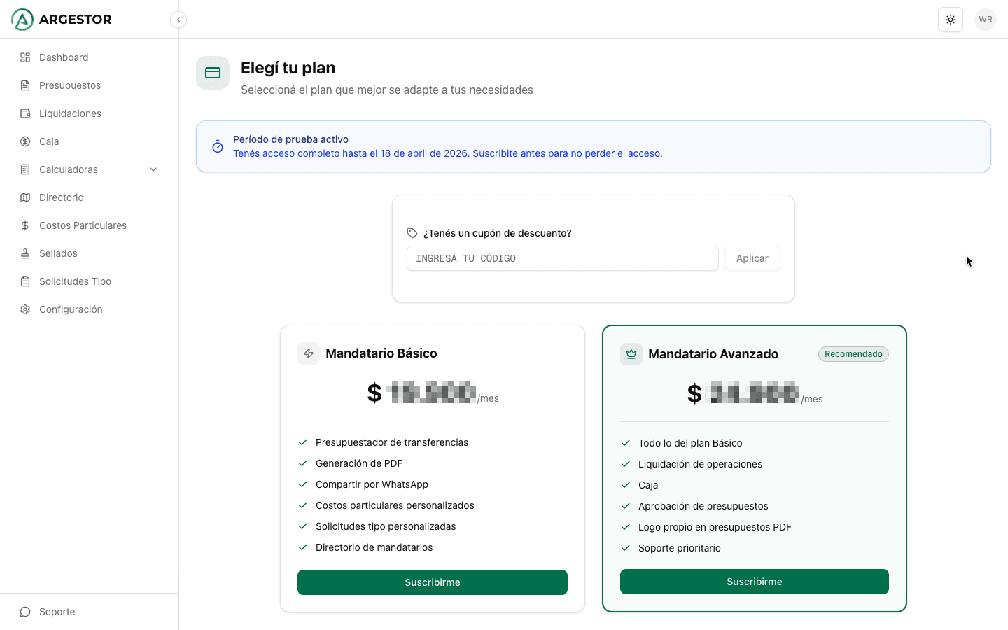 Detalle de tu suscripción activa dentro de la app