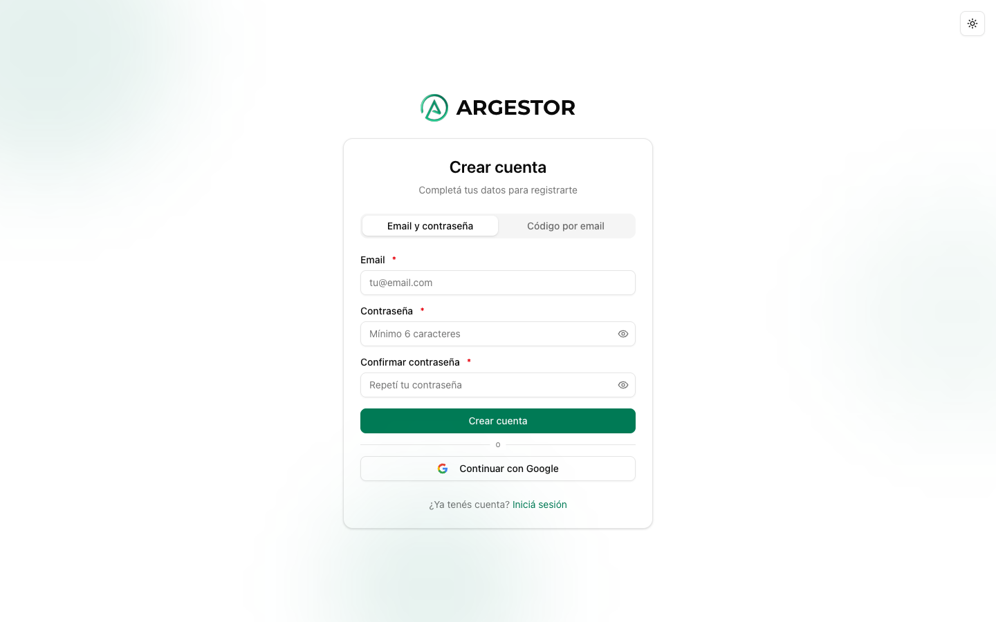 Pantalla de registro de Argestor