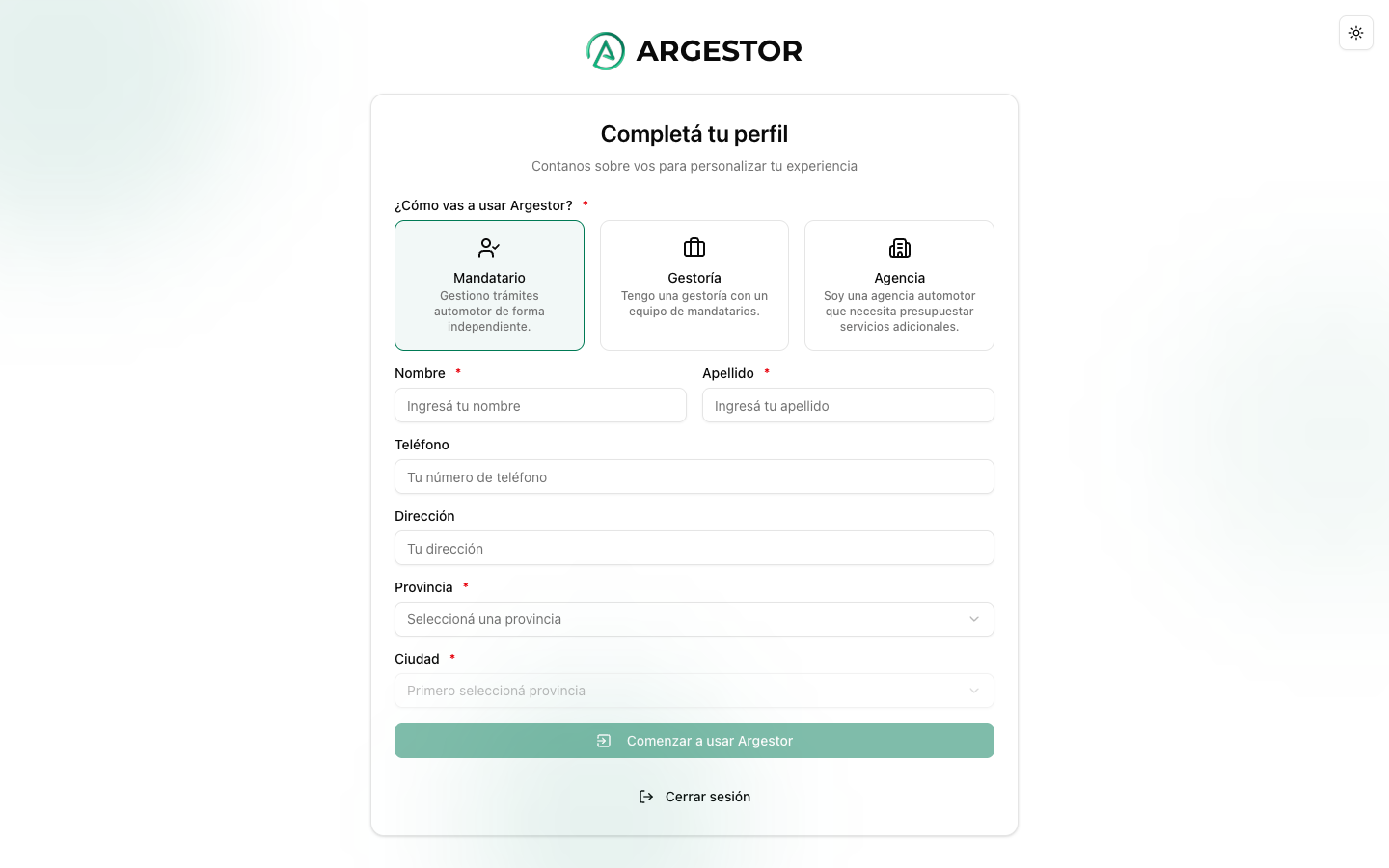 Pantalla de onboarding con selección de rol