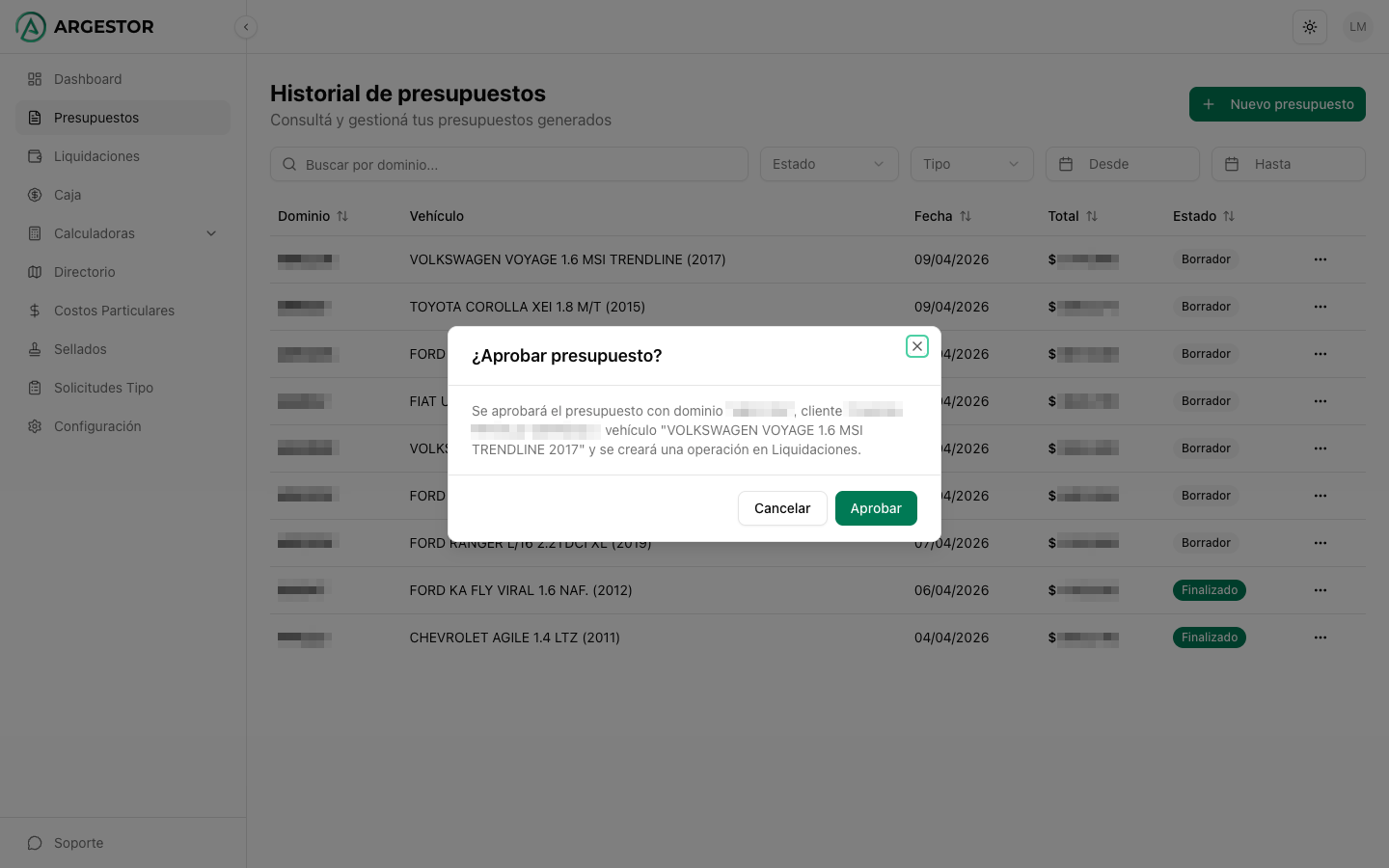 Confirmación antes de aprobar y crear la liquidación
