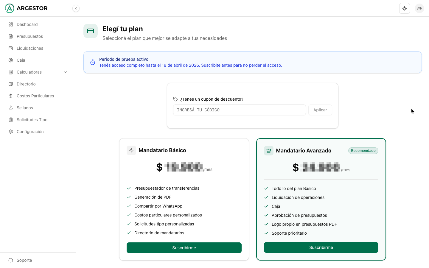 Detalle de tu suscripción activa dentro de la app