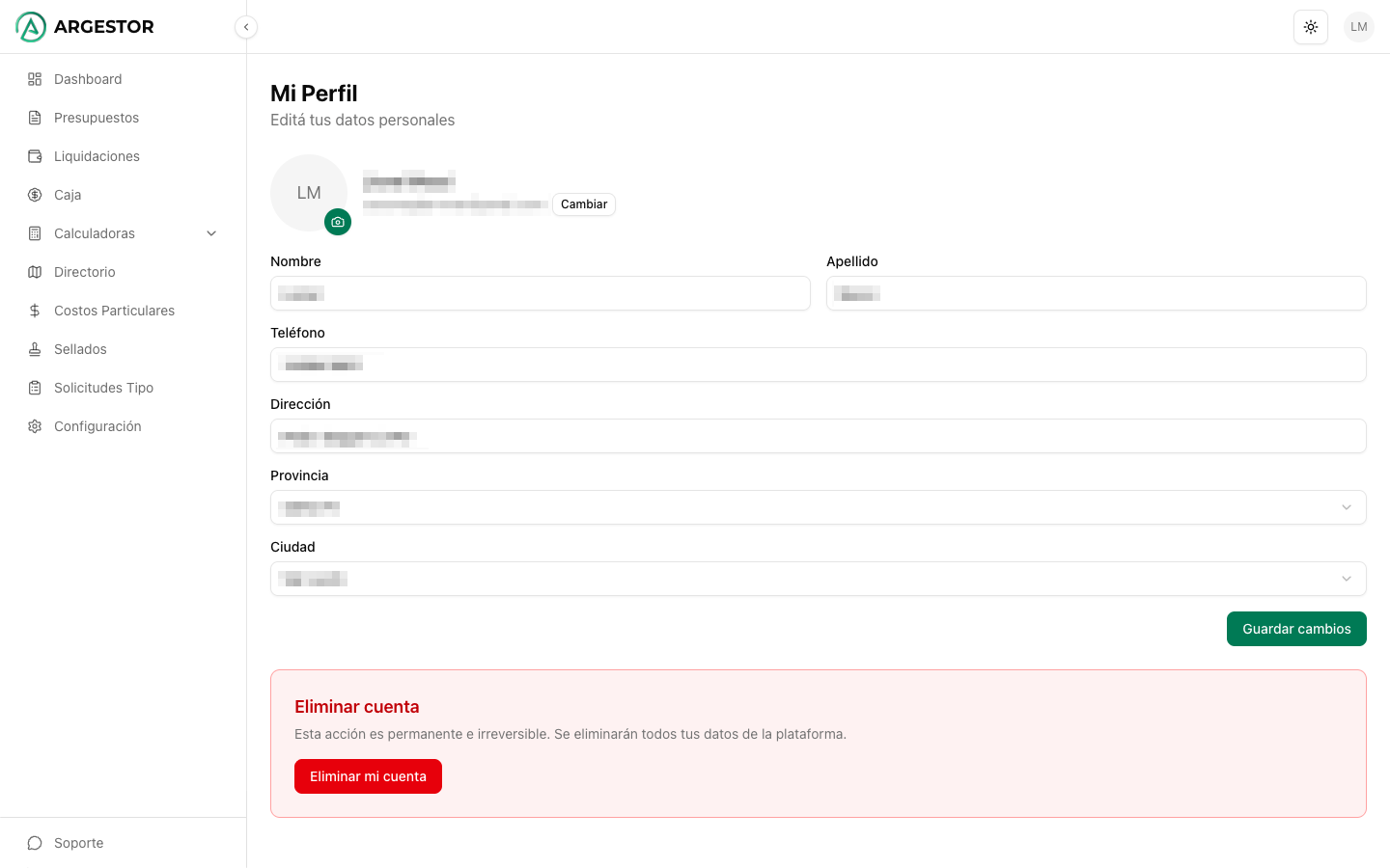 Pantalla de perfil con opciones de cuenta